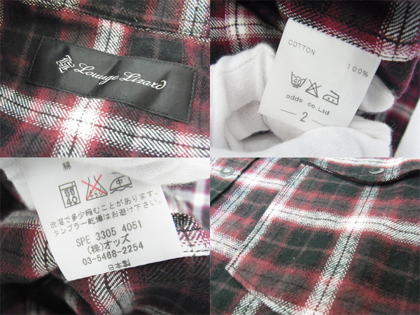 実際に弊社で買取させて頂いたLOUNGE LIZARD/ラウンジリザード チェックネルシャツ 赤黒白/2の画像 2枚目