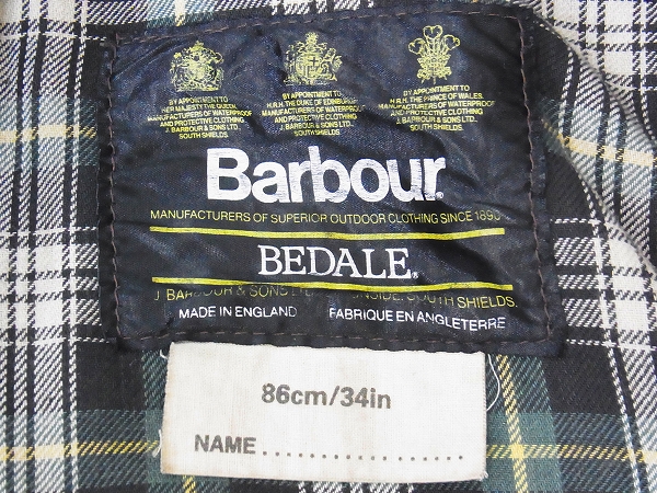 実際に弊社で買取させて頂いたBarbour/バブアー BEDALE 英国製/オイルドジャケット/カーキ/34の画像 4枚目