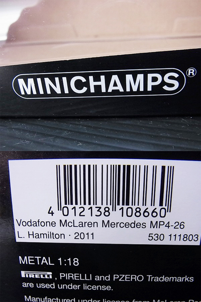 実際に弊社で買取させて頂いたMINICHAMPS Mclaren Mercedes MP4-26 L.ハミルトン 2011 1/18の画像 5枚目