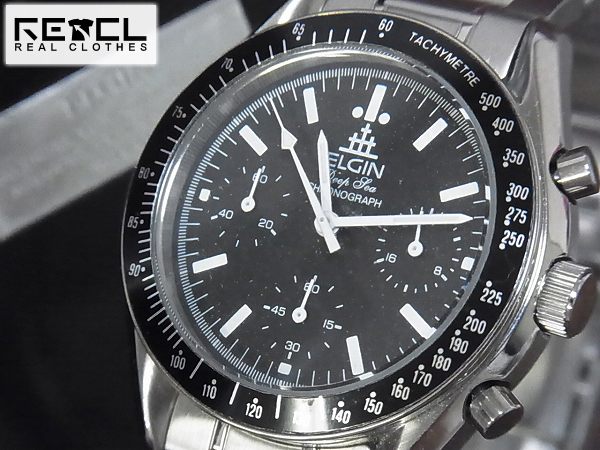 実際に弊社で買取させて頂いたELGIN/エルジン クロノグラフ メンズ腕時計 黒×銀 FK-1061-LO